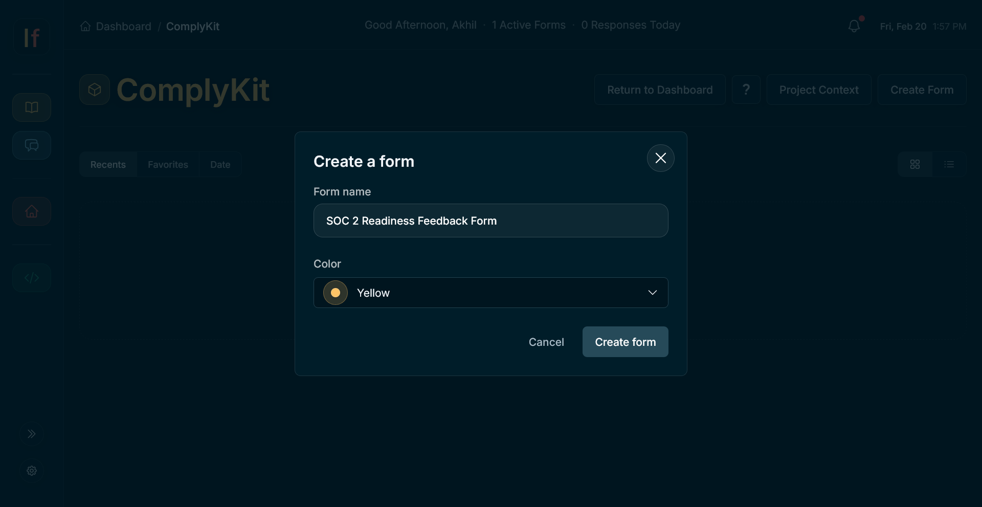 Create a form modal with form name and template options