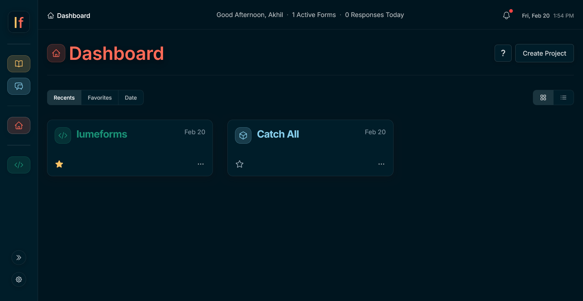 Project Dashboard view with recent projects and Create Project button