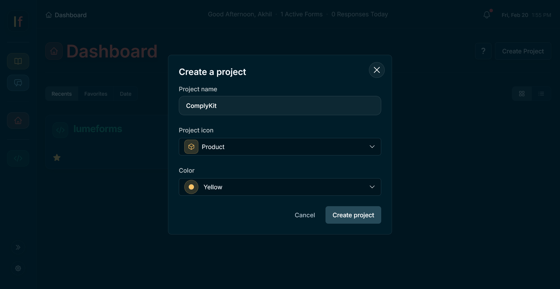 Create a project modal with project name, icon, and color options
