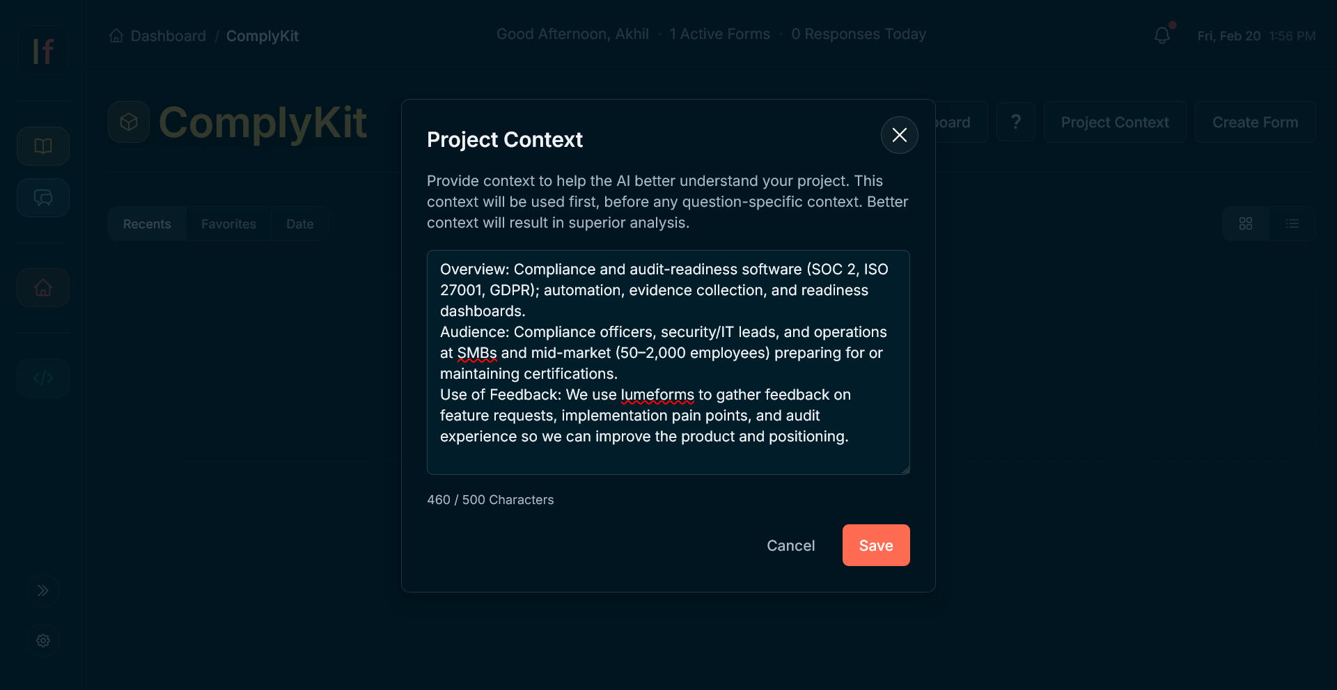 Form Dashboard view with project context and form cards